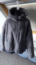 Primark Grey soft short Fun Fur Hooded Jacket with 2 Zip Pockets Size L/14-16