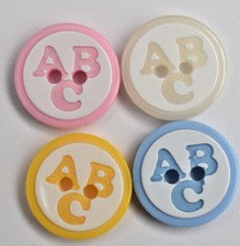 Baby ABC button - round 2 hole flat novelty 14mm buttons Blue Pink White Yellow