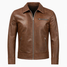 Men's Cafe Racer Brown Motorcycle Leather Jacket Genuine Sheep Skin