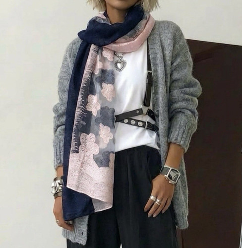 Ladies scarf navy blue pink - scarf,