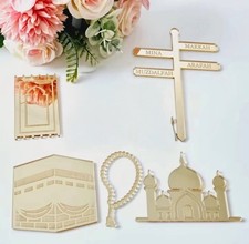 Umrah Hajj Cake Toppers Kaaba Gold Acrylic Charms Tasbee Mosque Prayer Mat Gift