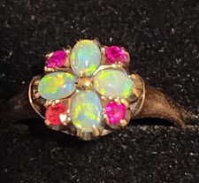Beautiful Antique Ring, 12k, Opals And Rubies