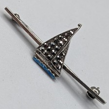 Vintage 925 Sterling Silver Enamel & Marcasite Boat Yacht Sailing Bar Brooch