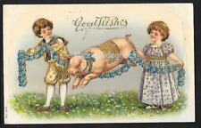 Early Gilt Embossed Postcard: Children Taking Pig for Roast. Posted 1907