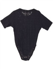 VINTAGE Womens Bodysuit UK 14 Large Navy Blue Floral Polyamide BW02