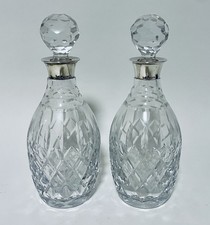 Matching Pair of Cut Glass Decanters with Sterling Silver Collars 1988
