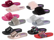 Womens Diamante Fur Sliders
