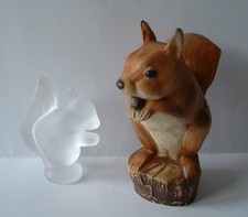 2 Squirrel Figurines  -  Clear Frosted Glass & Purbeck Pottery Wildlife Series 