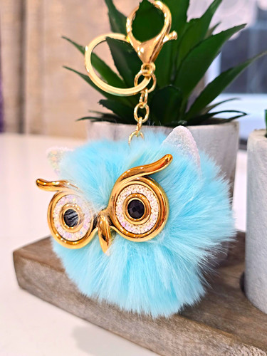 Light blue faux fur owl - fur, pom
