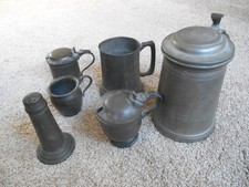 3X PEWTER TANKARDS,1PEWTER SALT SHAKER,2 SMALL PEWTER JUGS