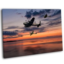 Lancaster Bomber Spitfire & Hurricane At Sunset Picture Framed Canvas Art Print 