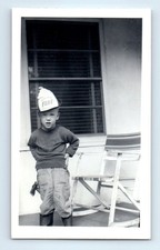 Old Vintage Photo SOLO BOY AS FIREMAN FIREFIGHTER HELMET AXE FUNNY SNAPSHOT