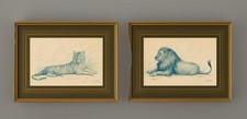 🖼️1980s Animal Art Print Pair - Signed By Joel Kirk – Lion & Tiger Set. Framed.