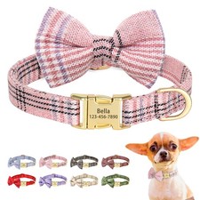 Cute Bow Tie Custom Dog Collar Personalised Pet Puppy Cat ID Name Phone Engraved