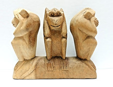 Three Monkeys Hear, Speak, Say No Evil~Hand-Carved Wood Carving~6" Long