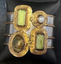 Vintage Abstract Brutalist Wide Cuff Bracelet Green Unakite Rhinestones Pearl
