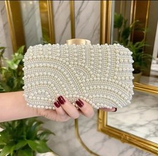 Elegant Pearl Beaded Clutch Bag Purse Ivory Wedding Prom Formal Handbag Chain