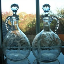 Antique - "Fern/Grasses" Engraved - Pair Of Flagon Claret Decanters - C 1870