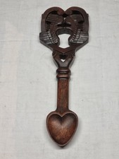 Vintage 12 Inch Welsh Dark Wood Love Spoon 2 Flying Turtle Doves Beak to Beak
