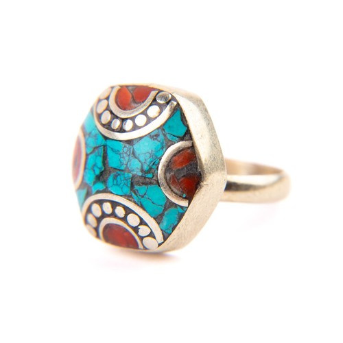 Tibetan ring turquoise red - turquoise,
