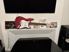 Red fender squire strat Guitar signed by Mike Love beach boys w coa & case