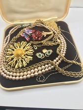 Job Lot Gold Tone Vintage Jewellery with Vintage Jewellery Box