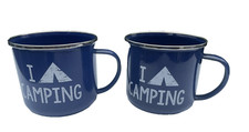 Pair of Camping Mugs (drawing of tent ) CAMPING Blue Tin Enamel H 9cm D10 cm