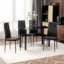 Dining Table and Chairs Set 4 with Padded Seat and Tempered Glass Tabletop Black