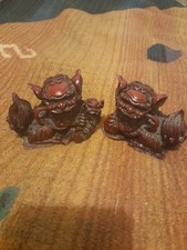 Pair of Red Resin Foo Dogs / Feng Shui Guardian Lion Statues - slightly damaged