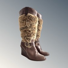 DESTROY Vintage Y2K Dark Brown Leather And Fur High Wedge  Boots / Size UK 6