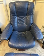 Ekornes Stressless Dark Blue Leather Recliner Lounge Chair And Foot Stool