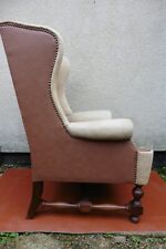 ANTIQUE STYLE, VINTAGE PART LEATHER WING BACK ARM CHAIR, MAHOGANY LEGS STRETCHER