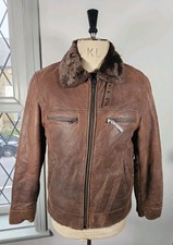 Zara Man Leather Jacket Brown Size Medium Fur Lined Full Zip Flight Pilot 38