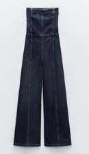 ZARA NEW WOMAN OFF-SHOULDER STRAPLESS DENIM JUMPSUIT NAVY BLUE SIZE S 0541/239