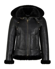 WOMEN B3 BOMBER REAL LEATHER JACKET FLYING AVIATOR SHEARLING HOODED RAF BLACK