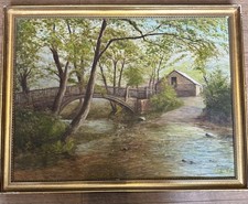 Original Framed Landscape Painting – Rustic River Scene – Signed Ivy Holt