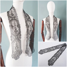 Antique Chantilly Lace Shawl Lappets Victorian Stole Black Ladies Floral c1860