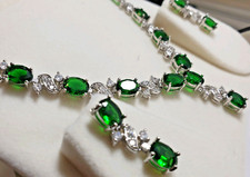 White gold finish green emerald and created diamond Necklace earring set 