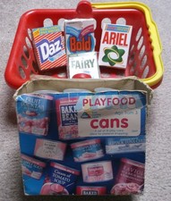 Vintage Early Learning Centre Play Food Cans (Boxed) Wash Powder & Shop Basket