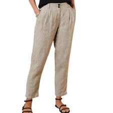 Garnet Hill Straight-Leg Pure Linen High Waist Trousers Sand Mini Stripe 10