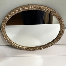 Vintage Antique Wall Mirror Gold Barbola Oval Painted Mid Cent 1950s Floral Old