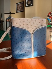 NEW WITHOUT TAGS WOMENS SMALL CROSSBODY BLUE & CREAM OSTRICH BAG GENUINE LEATHER