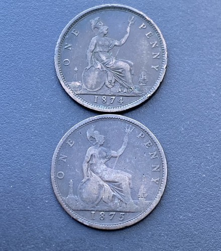 1874h 1875 victoria pennies - &,