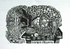 AUTUMN ORCHARD FRUIT HARVEST By John O'Connor - Print of a Woodcut