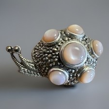 Sterling Silver 925 Vintage Pink Mother Of Pearl Marcasite Snail Brooch Pin 26mm