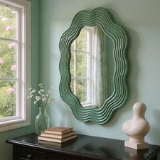 Large Wavy Wall Mirror Solid Wooden Frame Mirror Vanity for Home Decor Green UK 