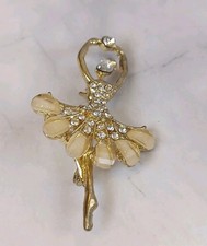 Brooch Gold Tone Ballerina Dancer With White Stones 5.5cm VGC