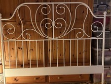 King Sized Wrought Iron Bed Head Painted White Floral Design