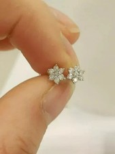 14K White Gold Plated Round Flower Stud Earrings 1Ct Tester Pass Moissanite