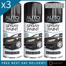 3 x BLACK GLOSS AEROSOL SPRAY PAINT 250ML CAR AUTO EXTREME FOR METAL PLASTIC NEW